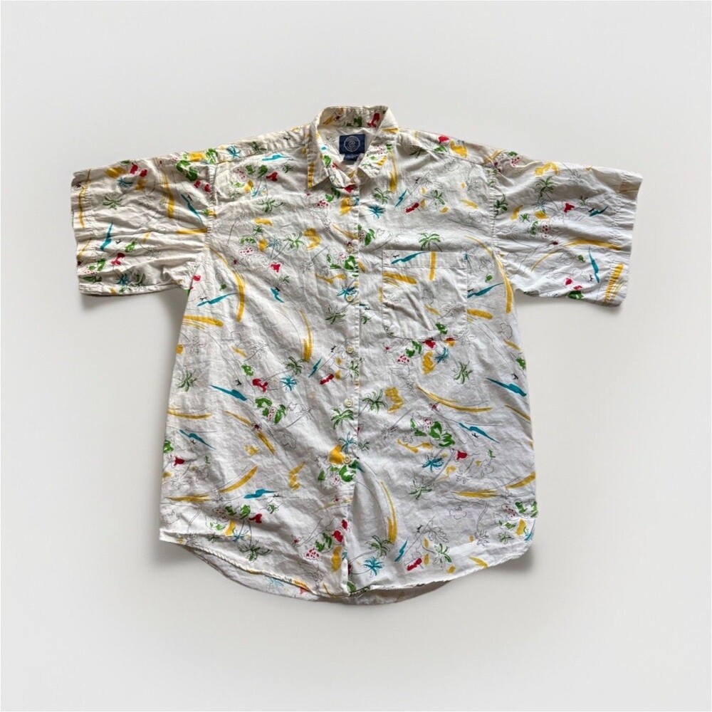 Vintage Gap Men's L Cotton Graphic Print White Multicolor Short Sleeve Button-Up